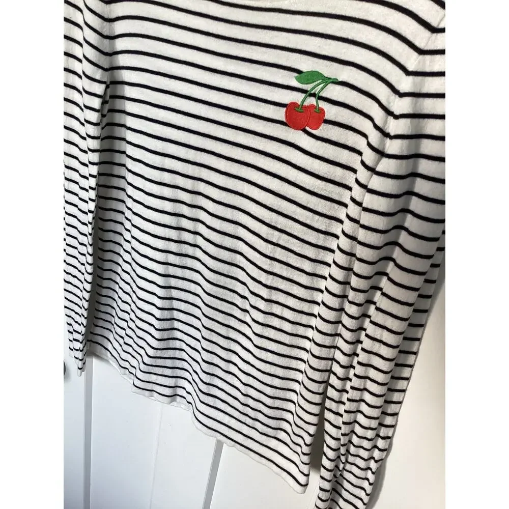 J. Crew Women's Embroidered Cherry Striped Teddie Sweater Black White Size XS‎ - Picture 5 of 9